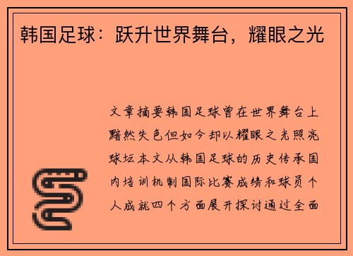 韩国足球：跃升世界舞台，耀眼之光